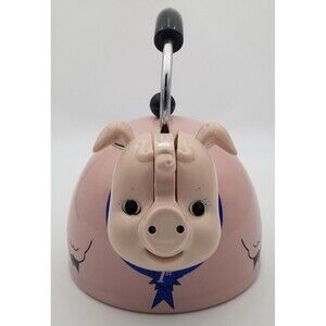 Vintage Kamenstein Whistling Pink Pig Teapot Enamel 1st Place Ribbon Curly Tail